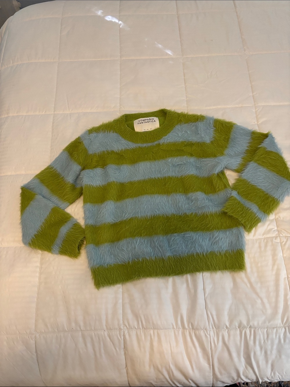 COMPAÑIA FANTASTICA Green and Light Blue Fuzzy Striped Crewneck Sweater